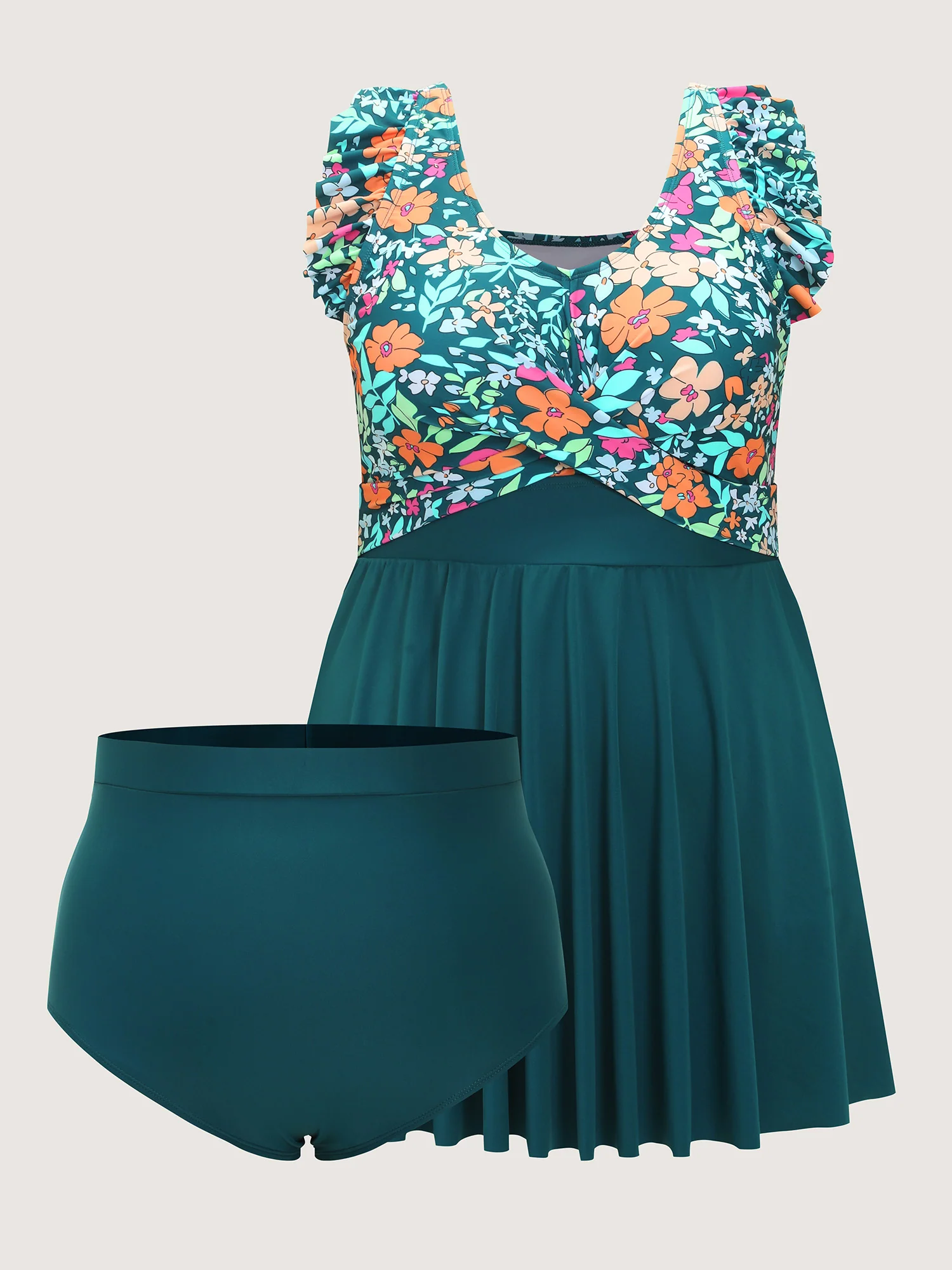 Floral Print Color Contrast Pockets Swim Dress - Image 6