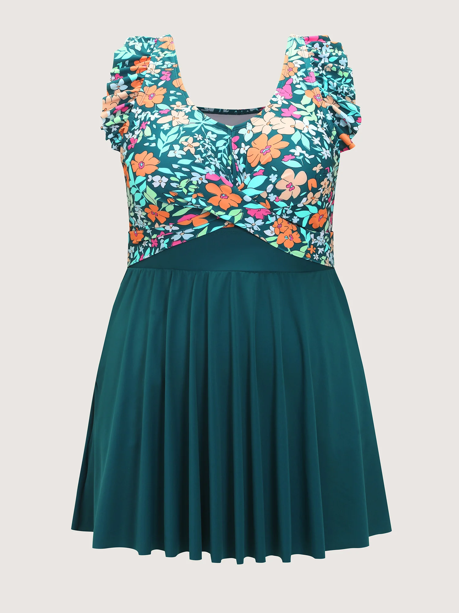 Floral Print Color Contrast Pockets Swim Dress - Image 7