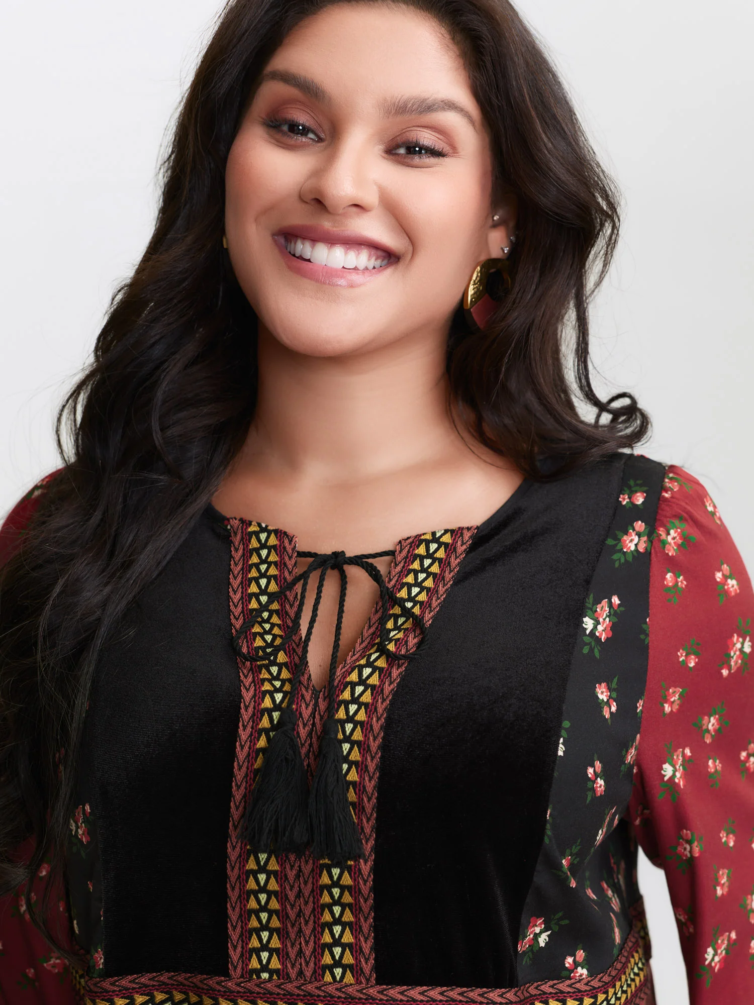 Floral Print Color Contrast Tie Blouse - Image 2