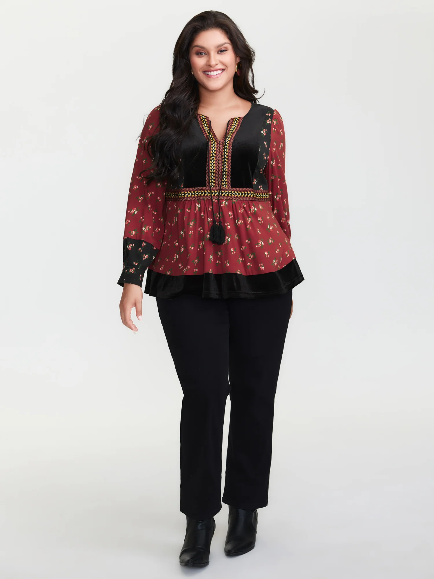 Floral Print Color Contrast Tie Blouse - Image 3