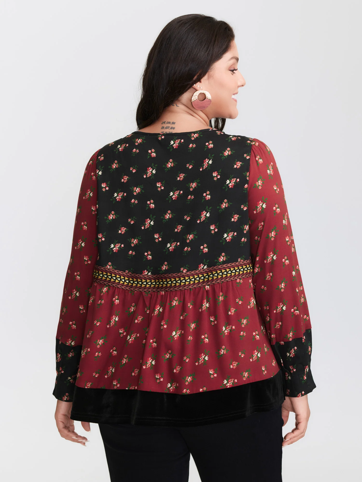 Floral Print Color Contrast Tie Blouse - Image 5