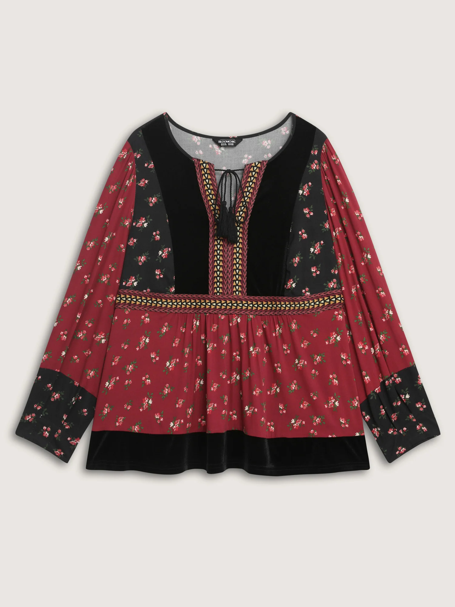 Floral Print Color Contrast Tie Blouse - Image 8
