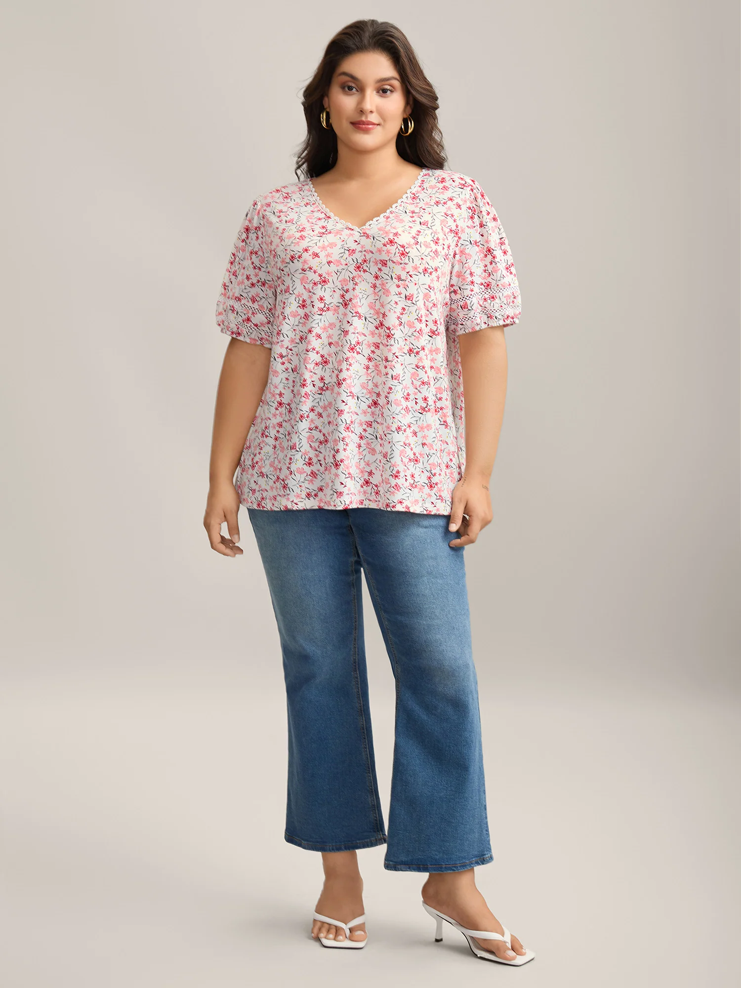 Floral Print Colorful Lace Knit Top - Image 3