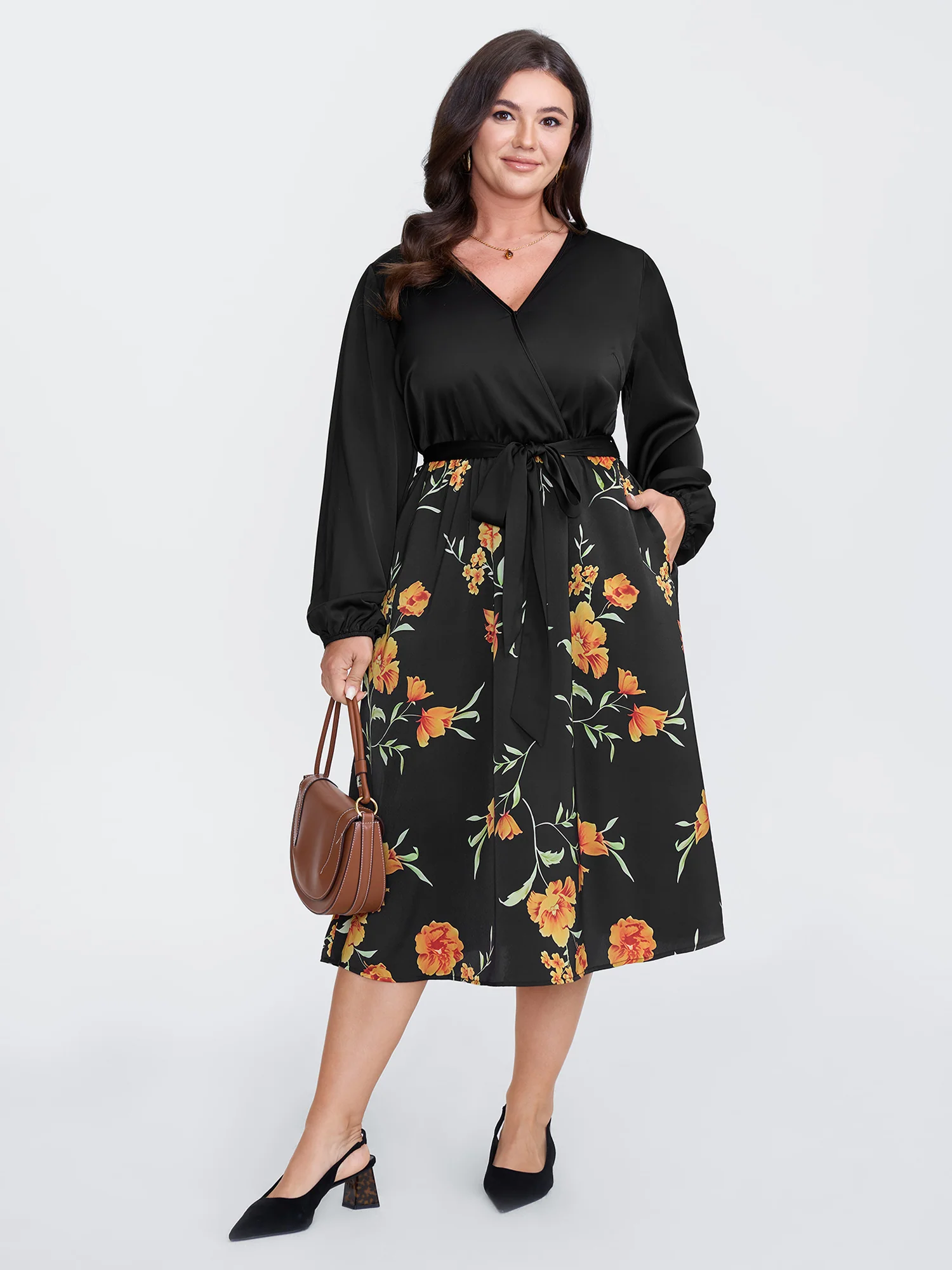 Floral Print Contrast Belted Midi Dress