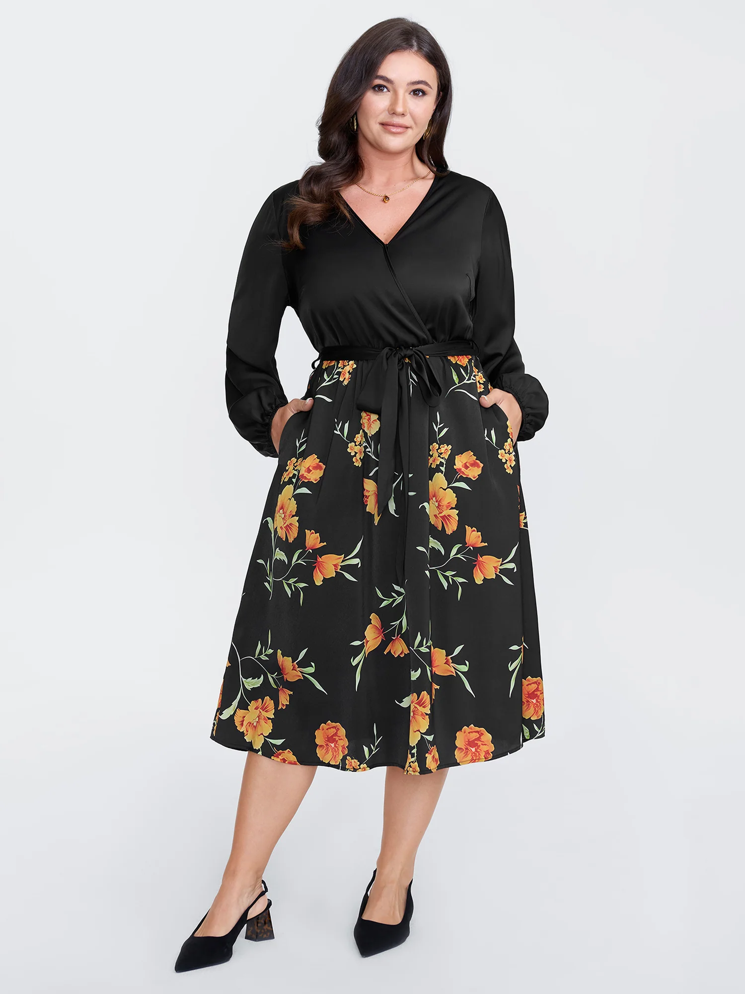 Floral Print Contrast Belted Midi Dress - Image 2