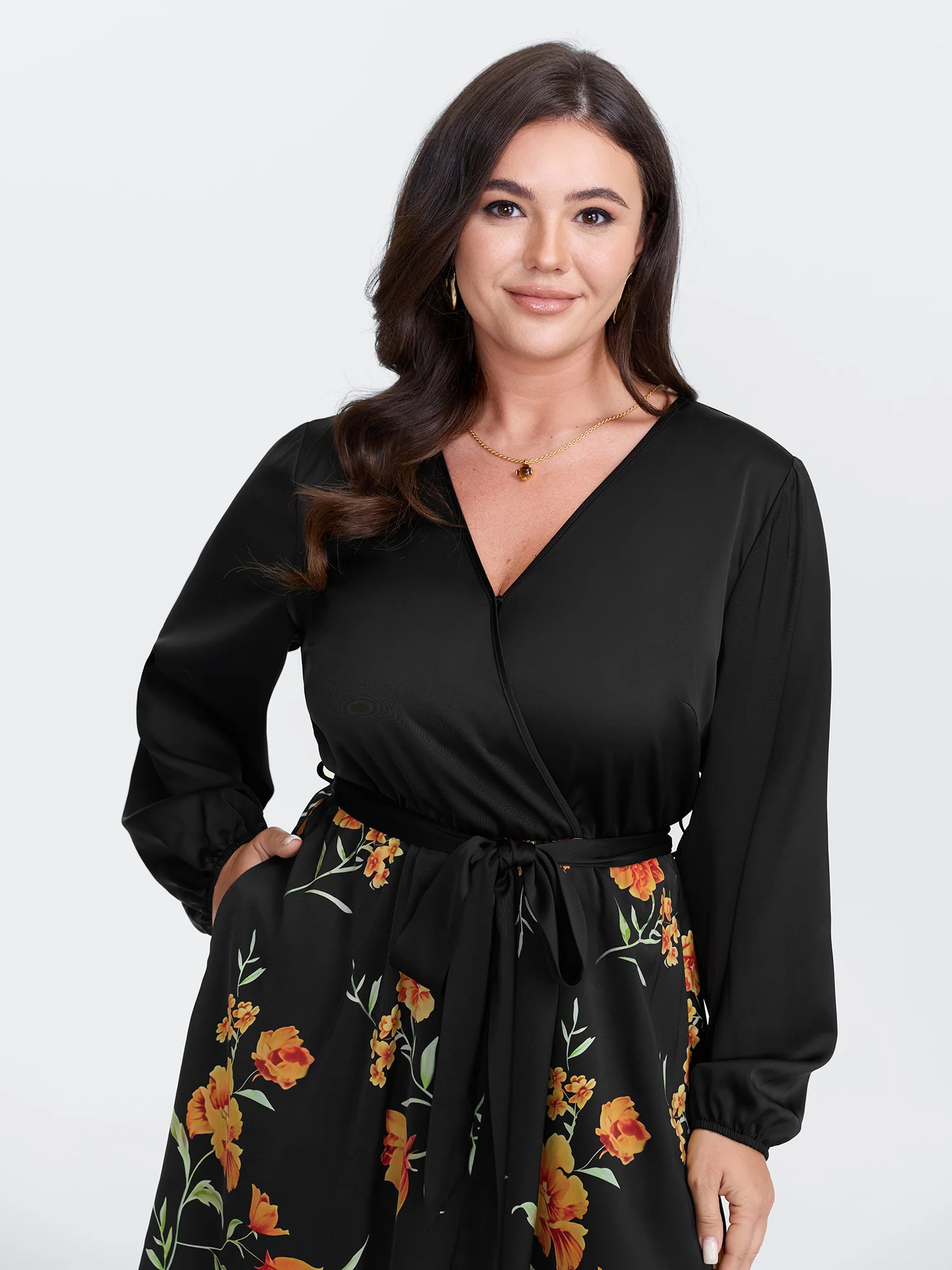 Floral Print Contrast Belted Midi Dress - Image 3