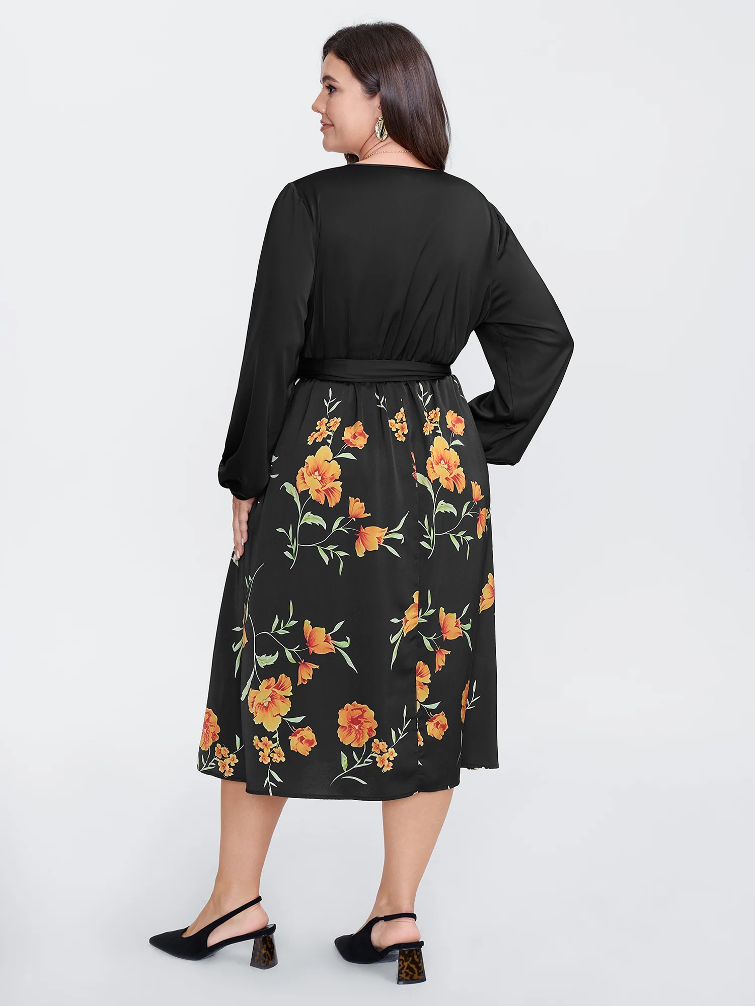 Floral Print Contrast Belted Midi Dress - Image 4