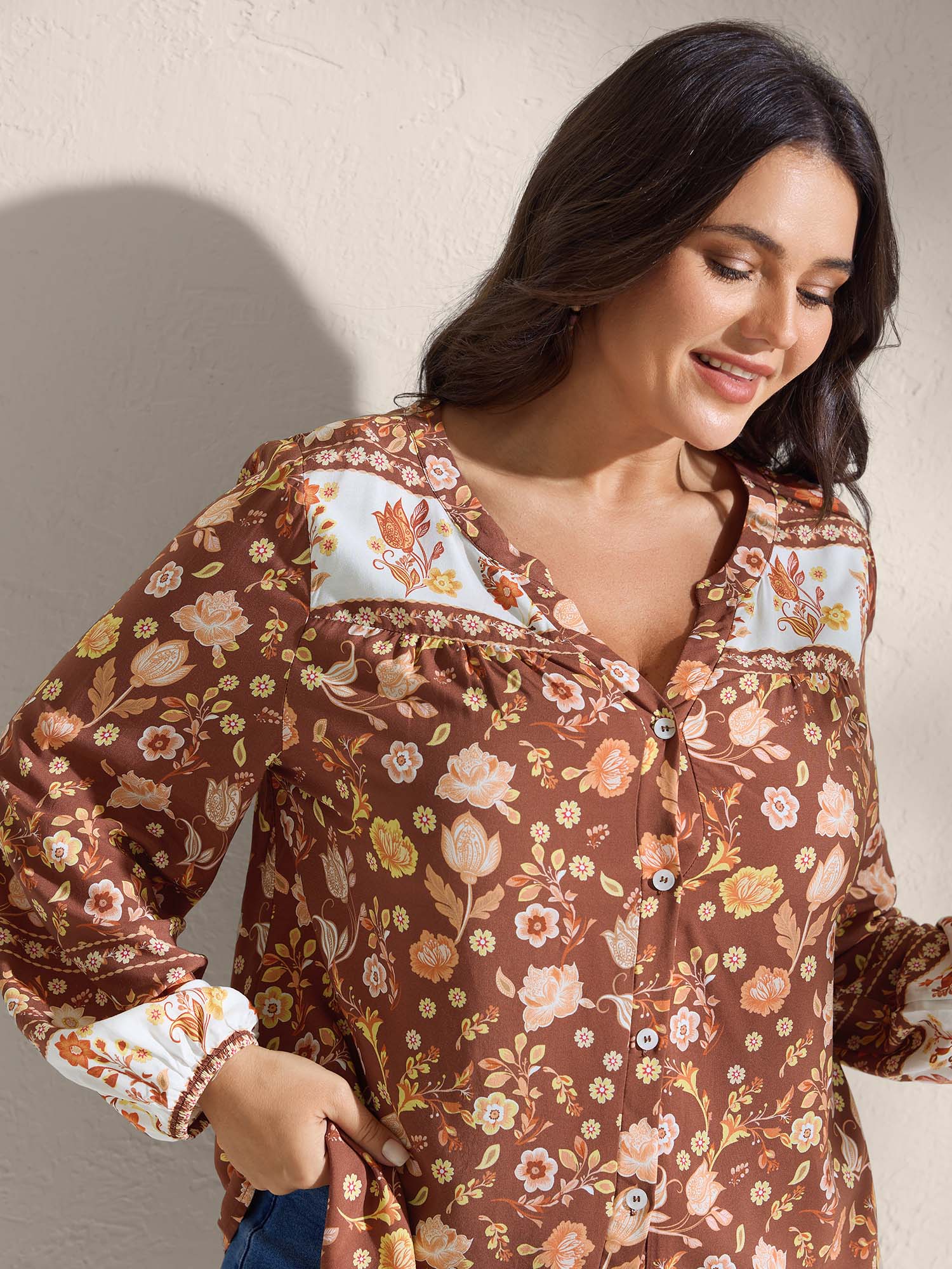 Floral Print Contrast Button-Front Shirt - Image 2