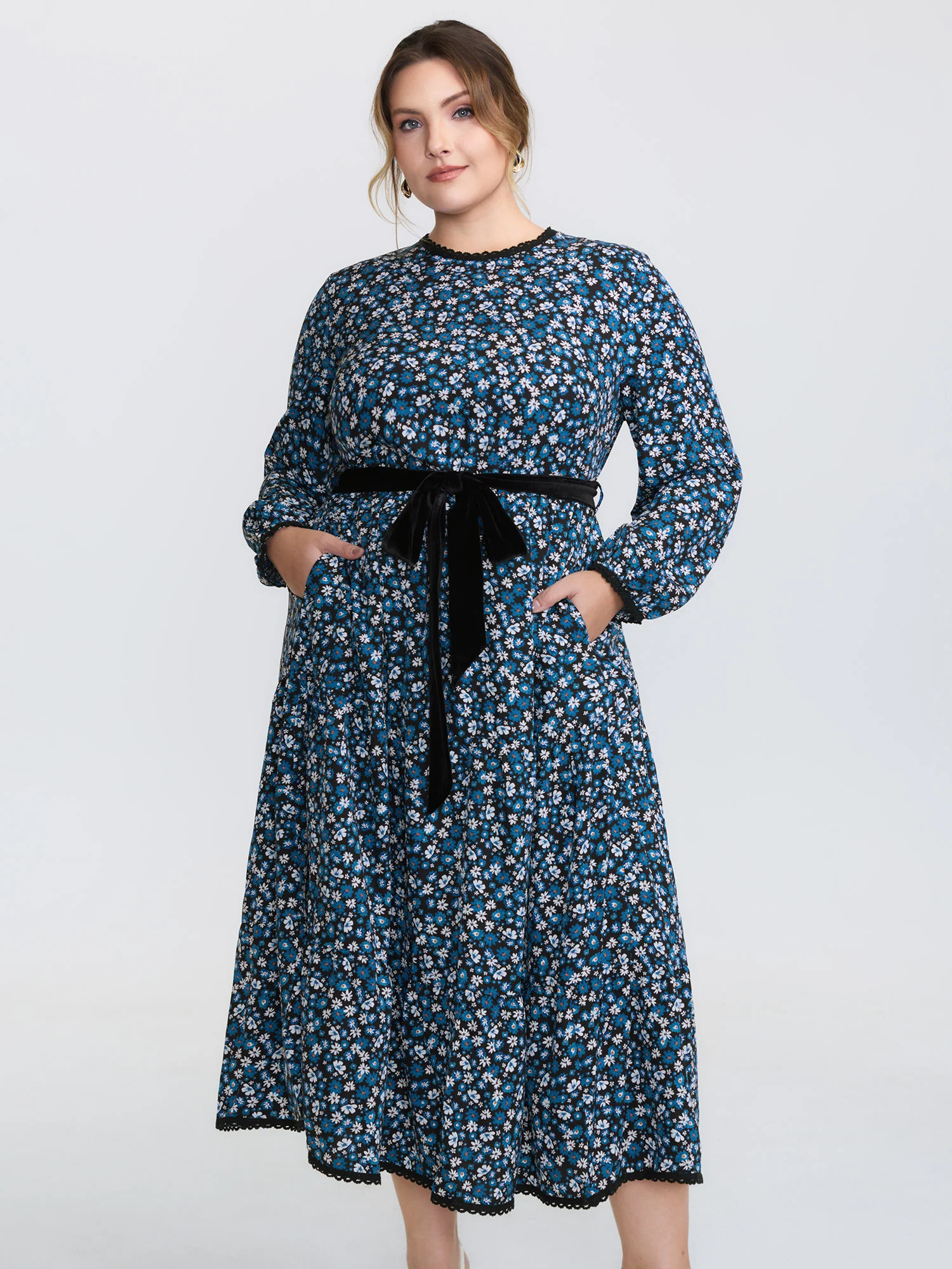 Floral Print Contrast Color Belted Midi Dress - Image 2