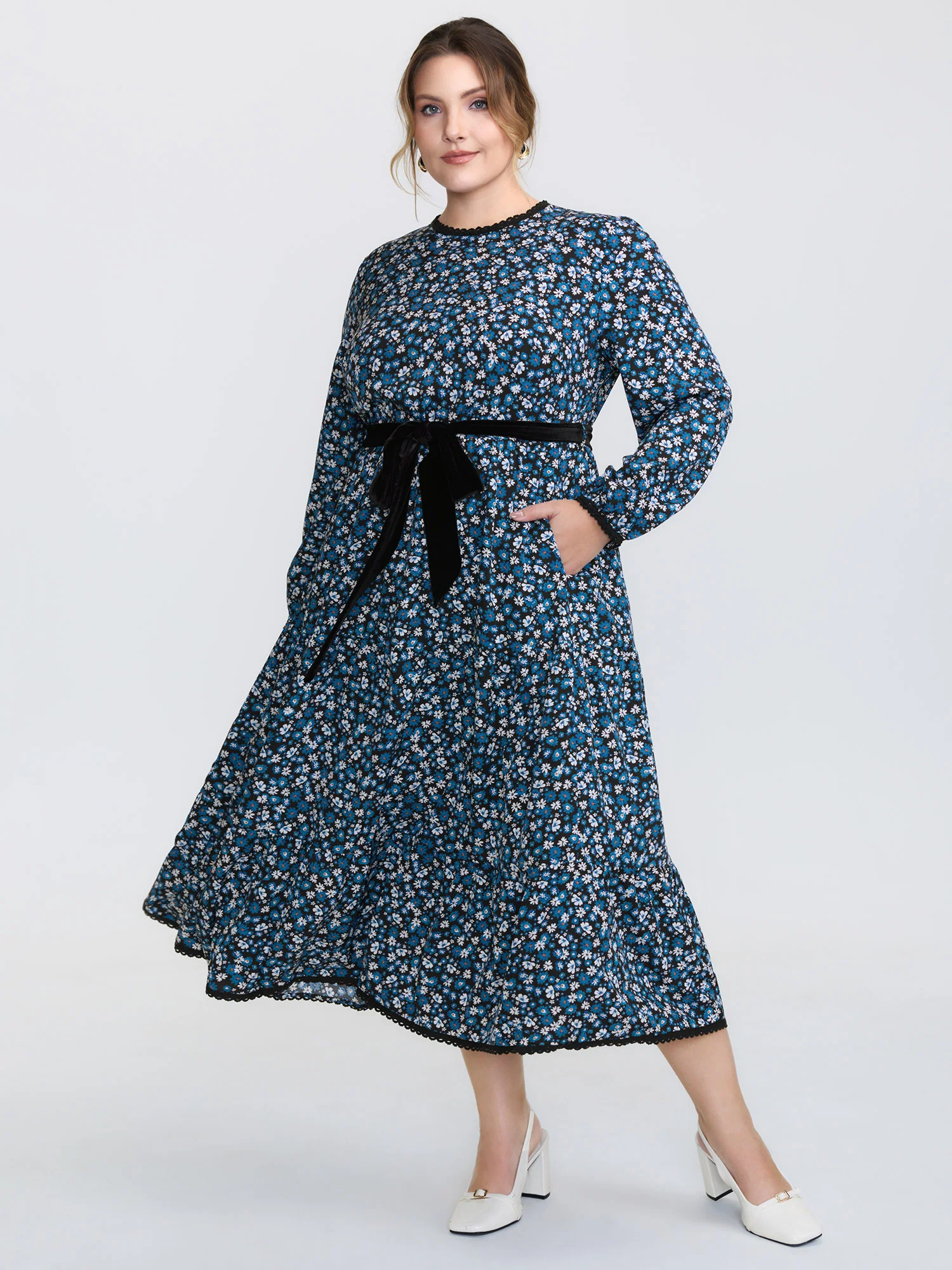 Floral Print Contrast Color Belted Midi Dress - Image 3