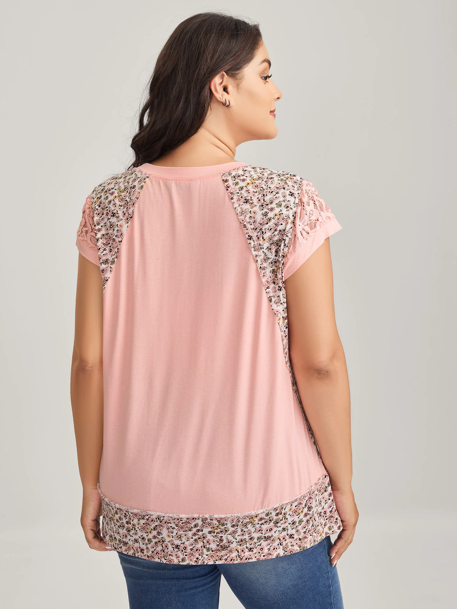 Floral Print Contrast Cut-Out T-Shirt - Image 4