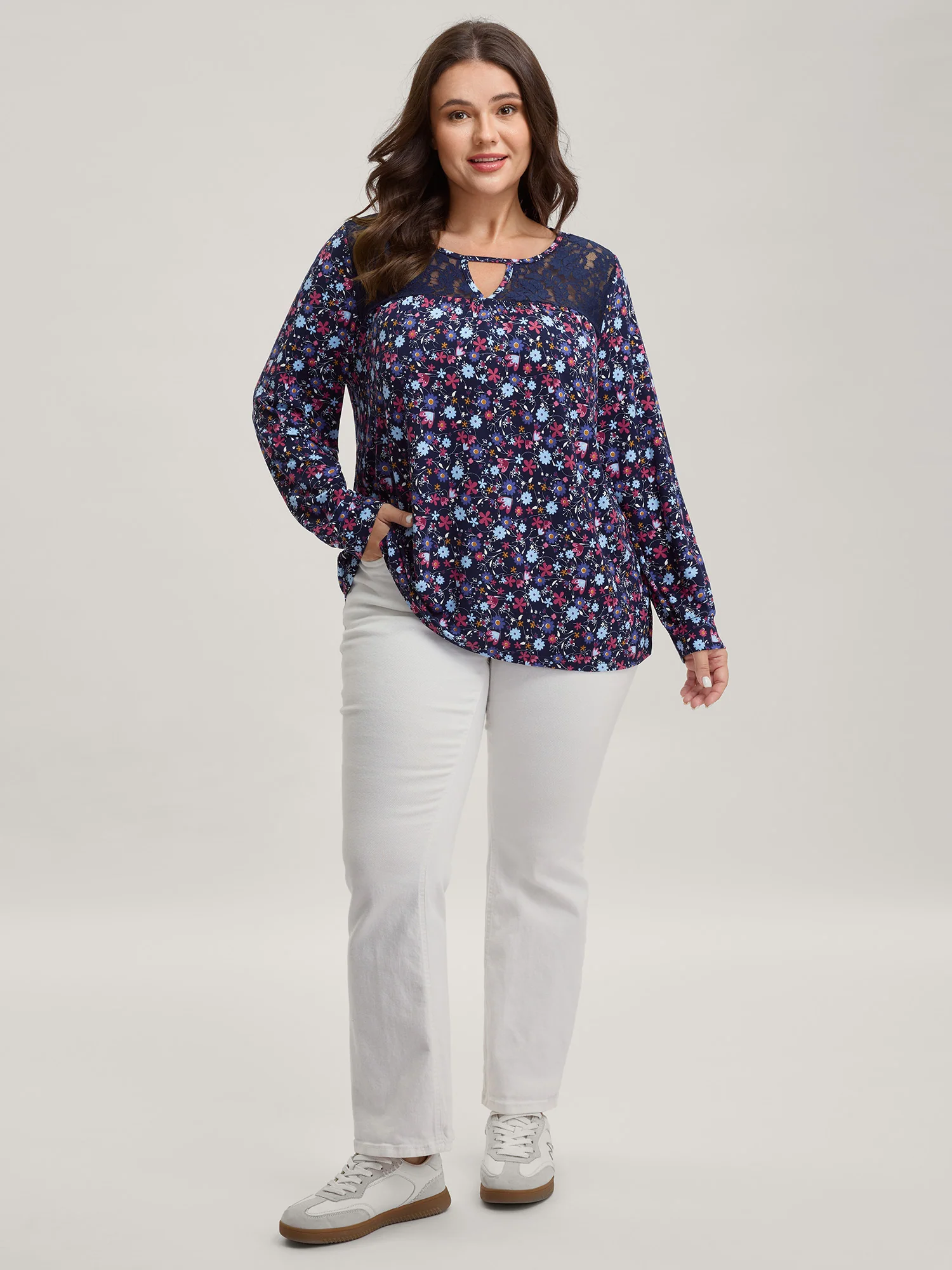 Floral Print Contrast Flowy Knit Top - Image 3
