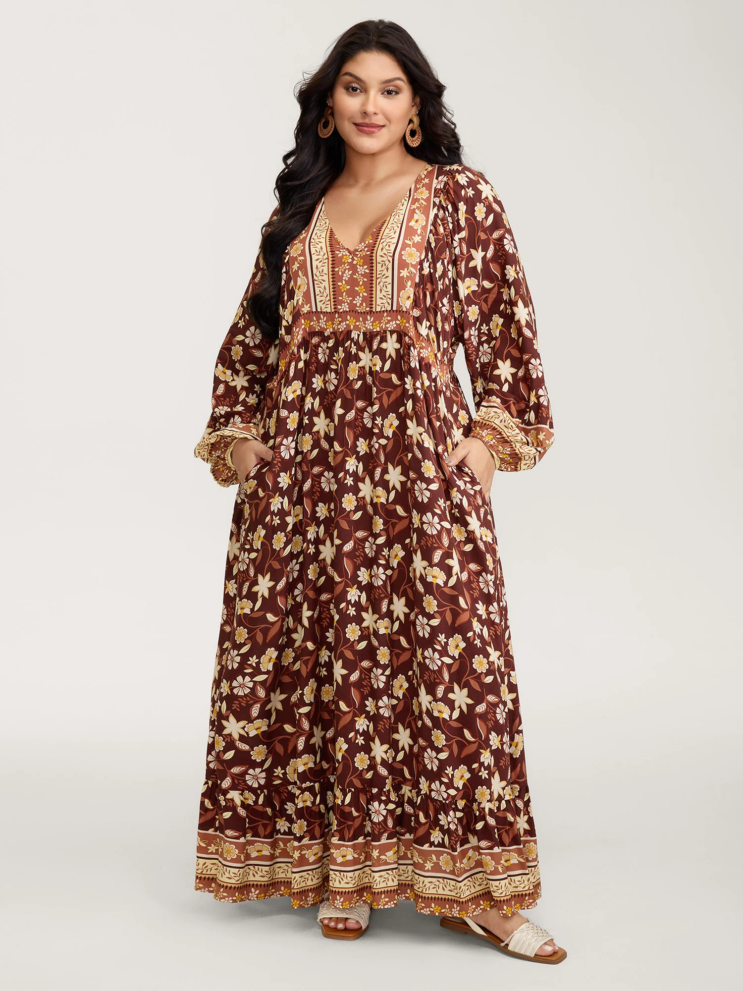 Floral Print Contrast Neckline Maxi Dress - Image 3