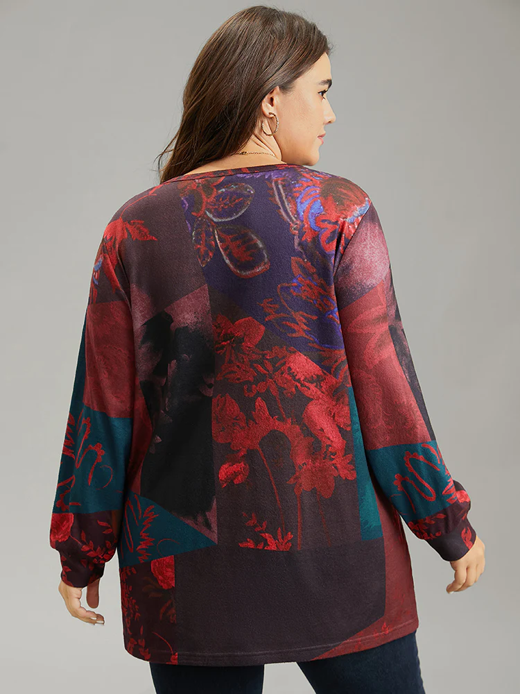 Floral Print Contrast Notched Sweatshirt - Image 2