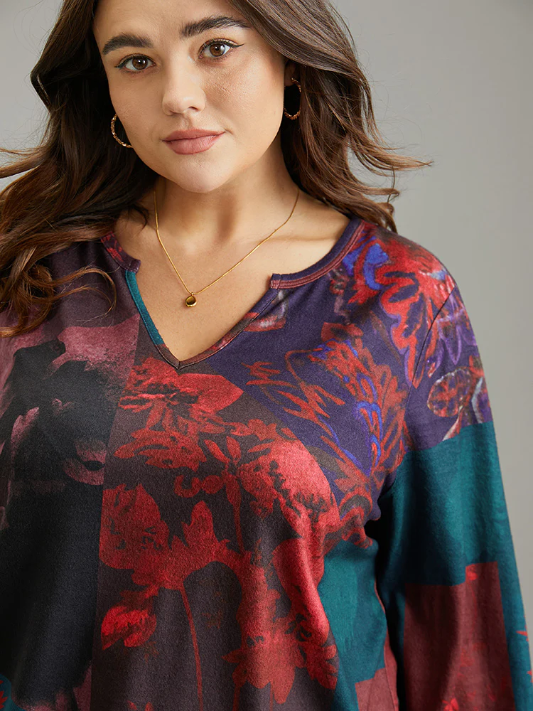 Floral Print Contrast Notched Sweatshirt - Image 3