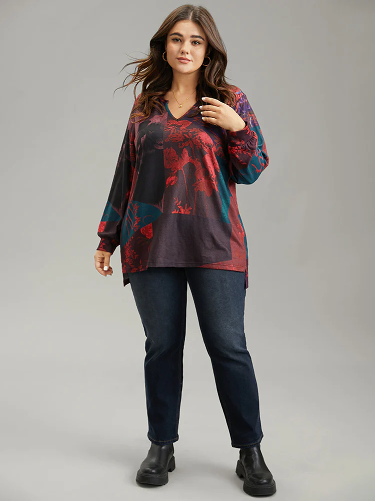 Floral Print Contrast Notched Sweatshirt - Image 4