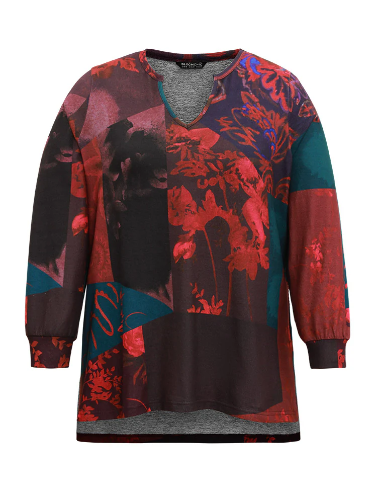 Floral Print Contrast Notched Sweatshirt - Image 5