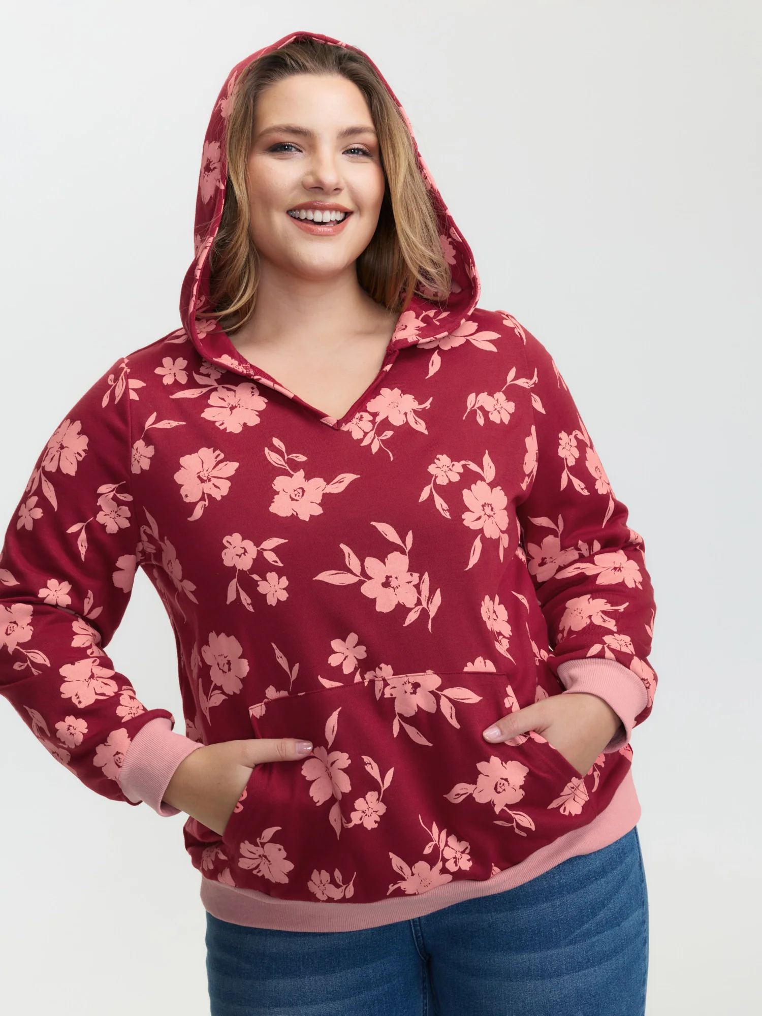 Floral Print Contrast Pockets Hoodie - Image 2