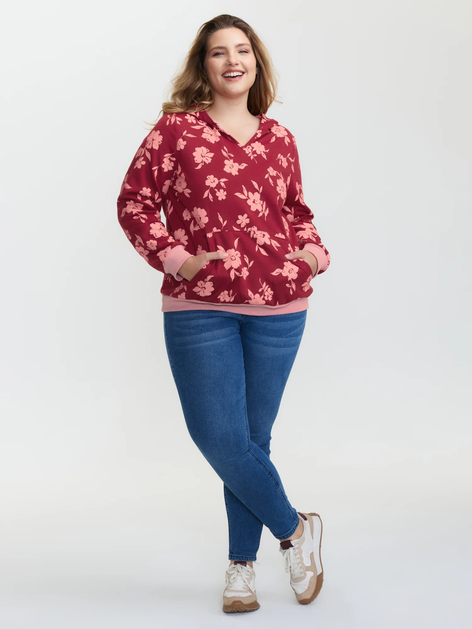 Floral Print Contrast Pockets Hoodie - Image 3