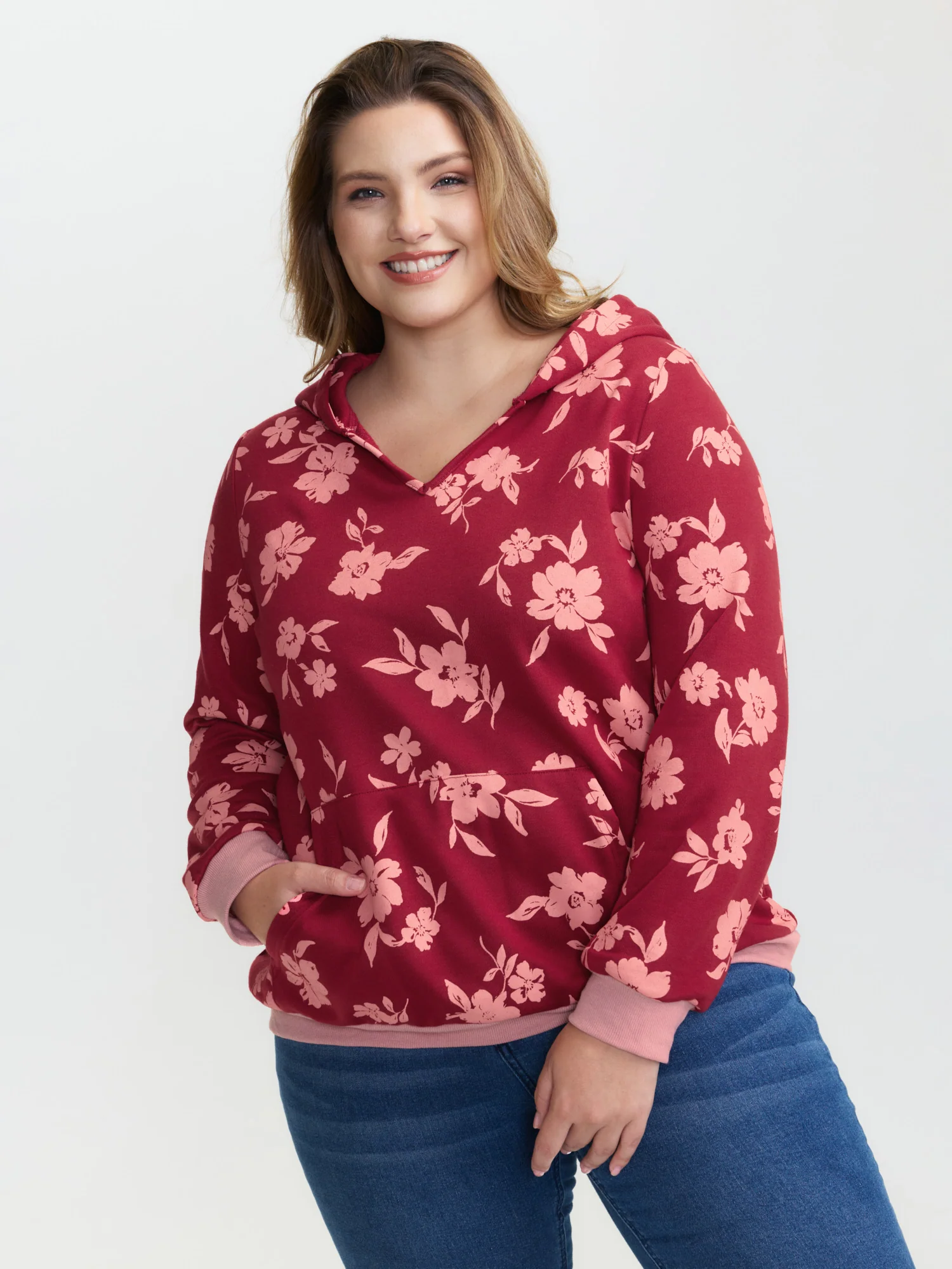 Floral Print Contrast Pockets Hoodie - Image 4