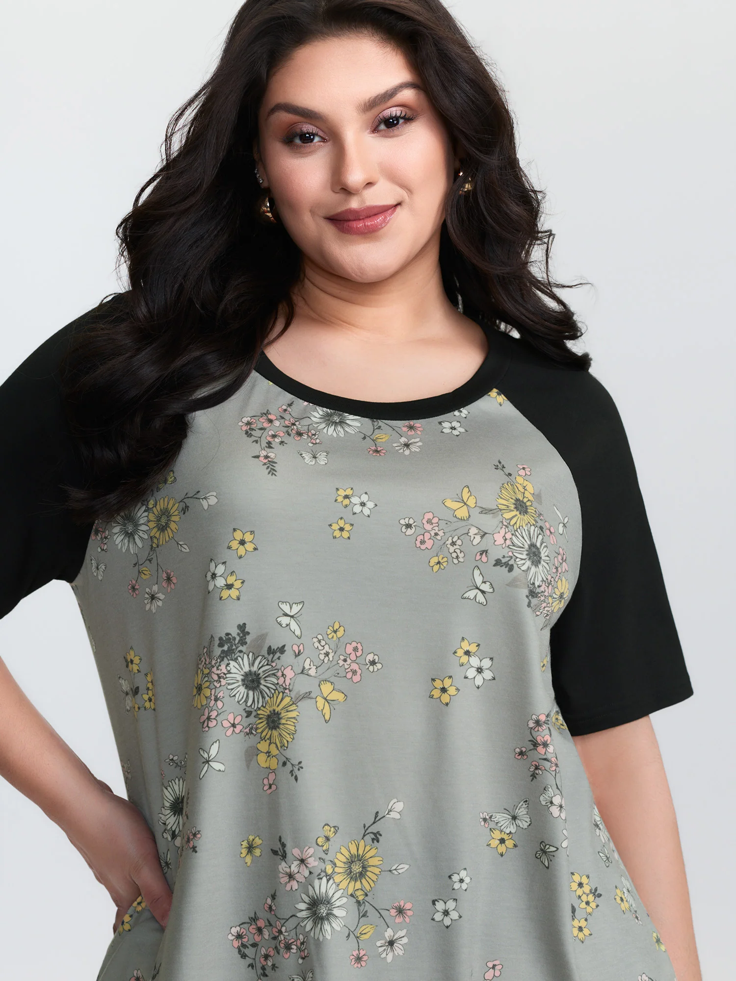 Floral Print Contrast Raglan Sleeve T-Shirt - Image 2