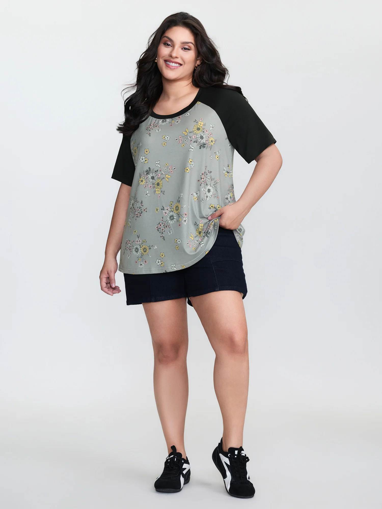 Floral Print Contrast Raglan Sleeve T-Shirt - Image 3