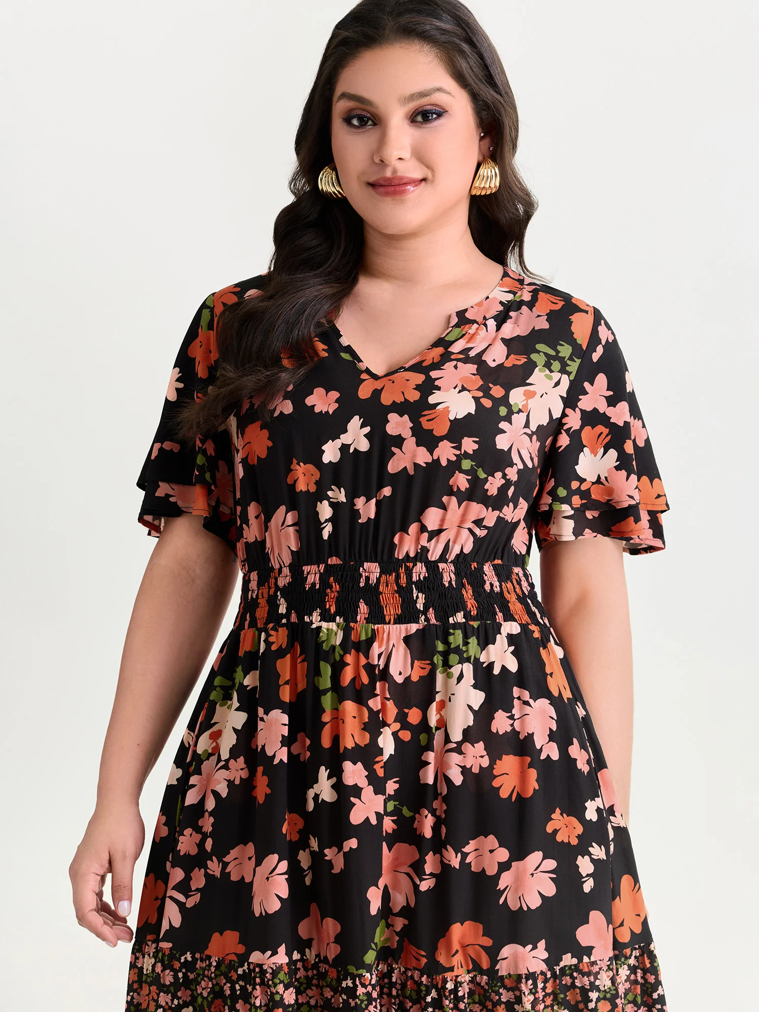 Floral Print Contrast Shirred Maxi Dress - Image 2
