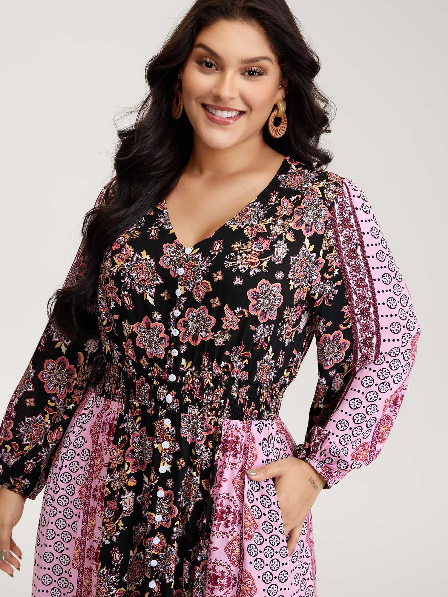 Floral Print Contrast Stripe Button Maxi Dress - Image 2