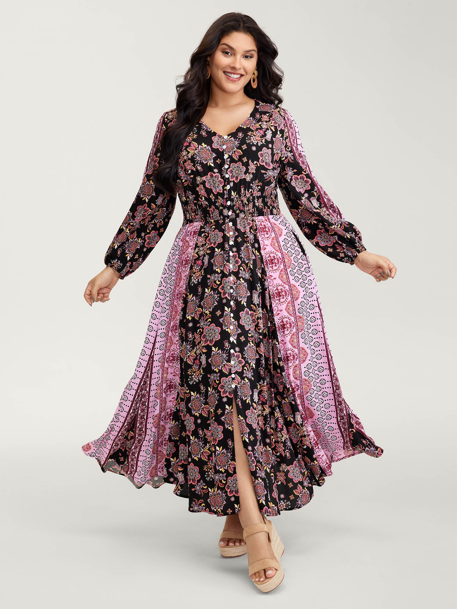 Floral Print Contrast Stripe Button Maxi Dress - Image 3