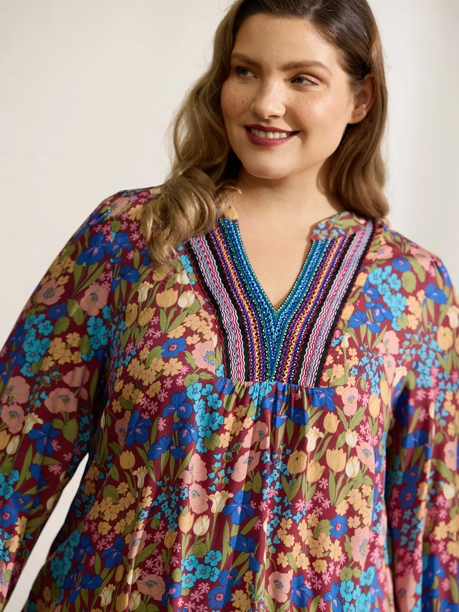 Floral Print Contrast Webbing Notched Neckline Blouse - Image 2