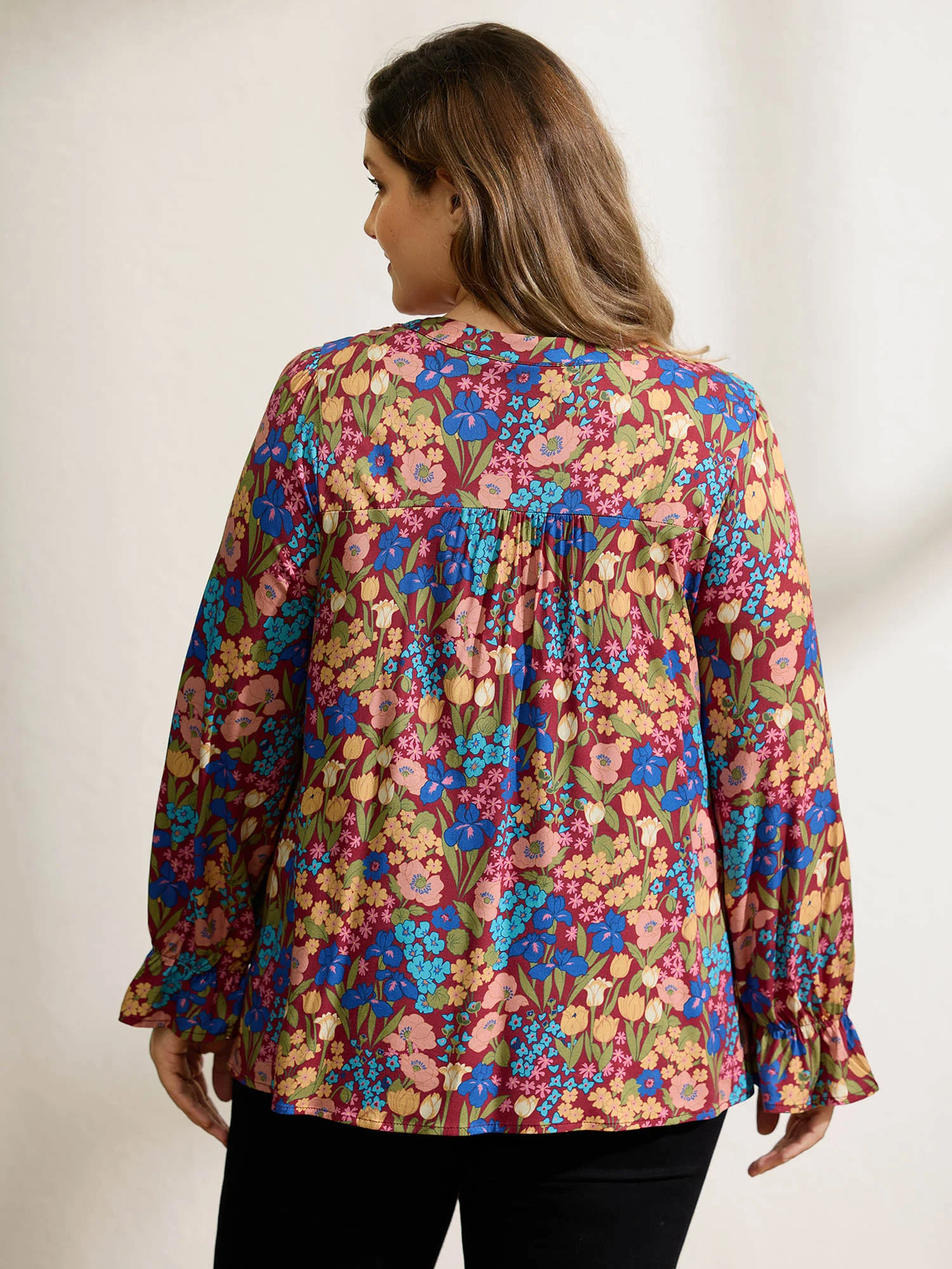 Floral Print Contrast Webbing Notched Neckline Blouse - Image 4
