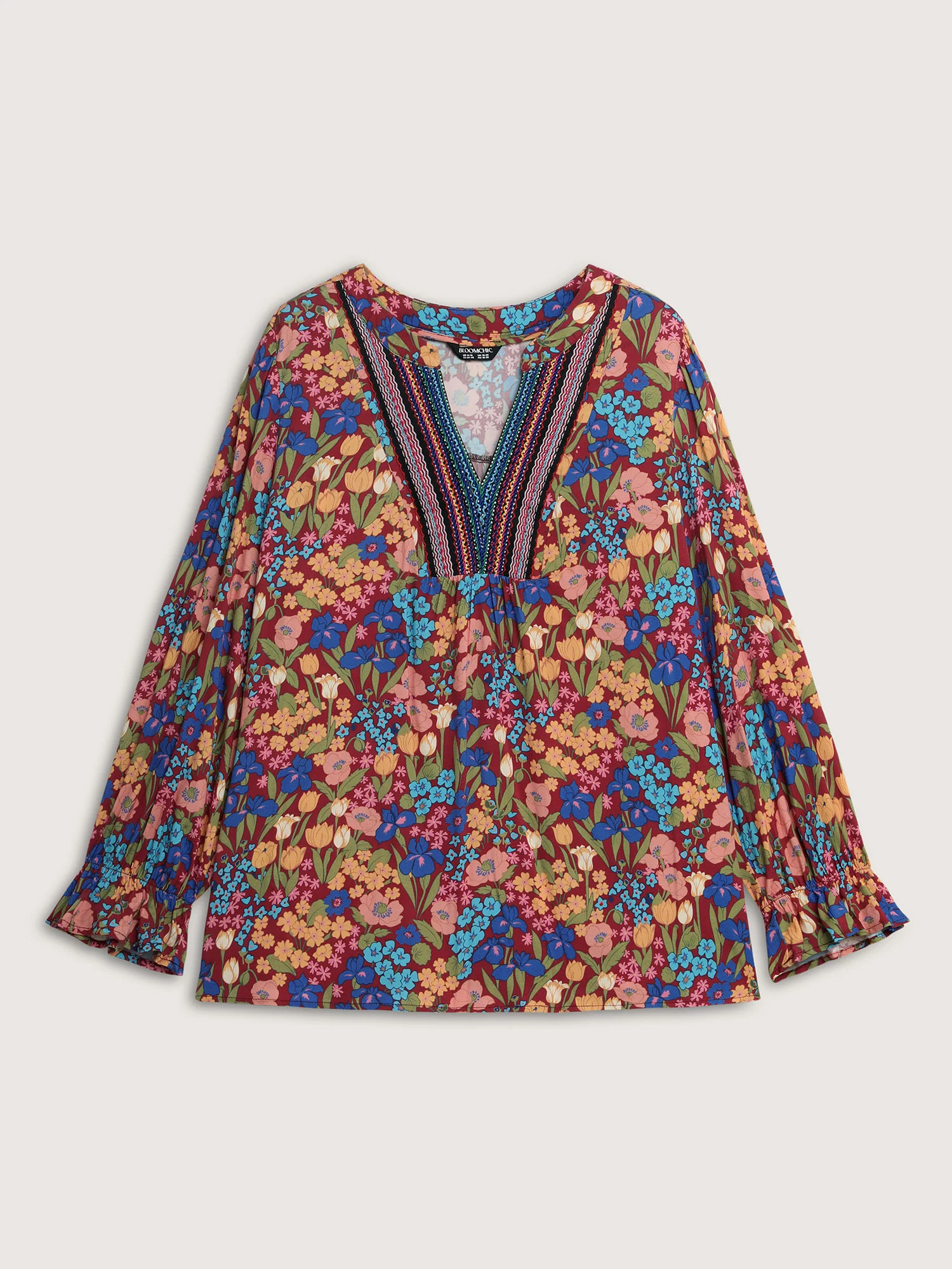 Floral Print Contrast Webbing Notched Neckline Blouse - Image 7