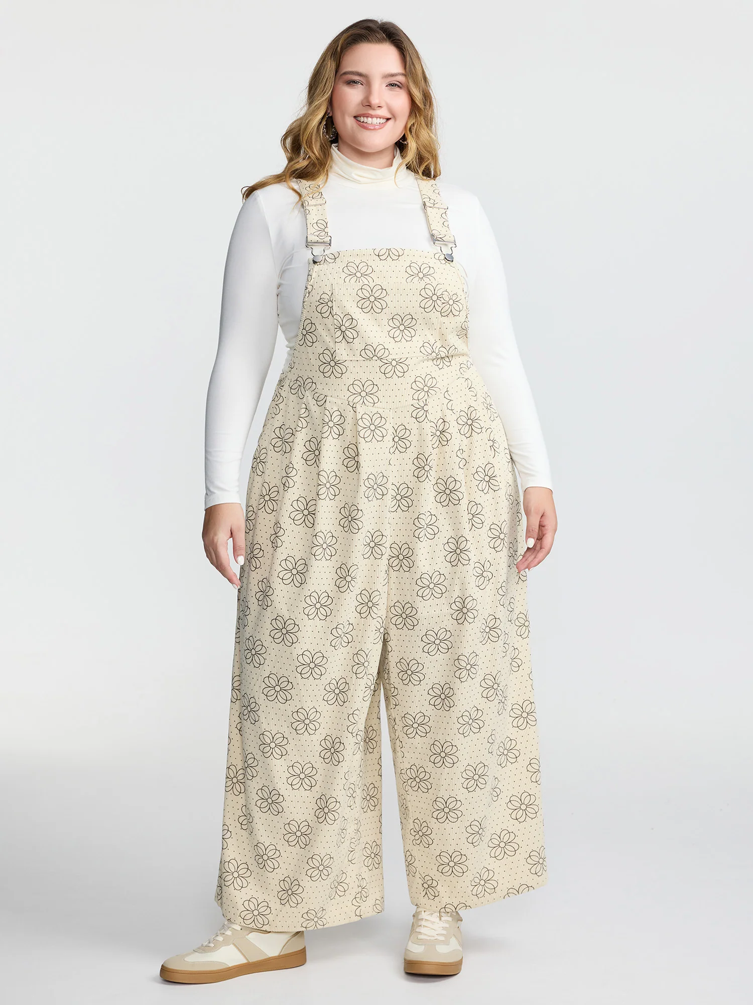 Floral Print Corduroy Pockets Jumpsuit
