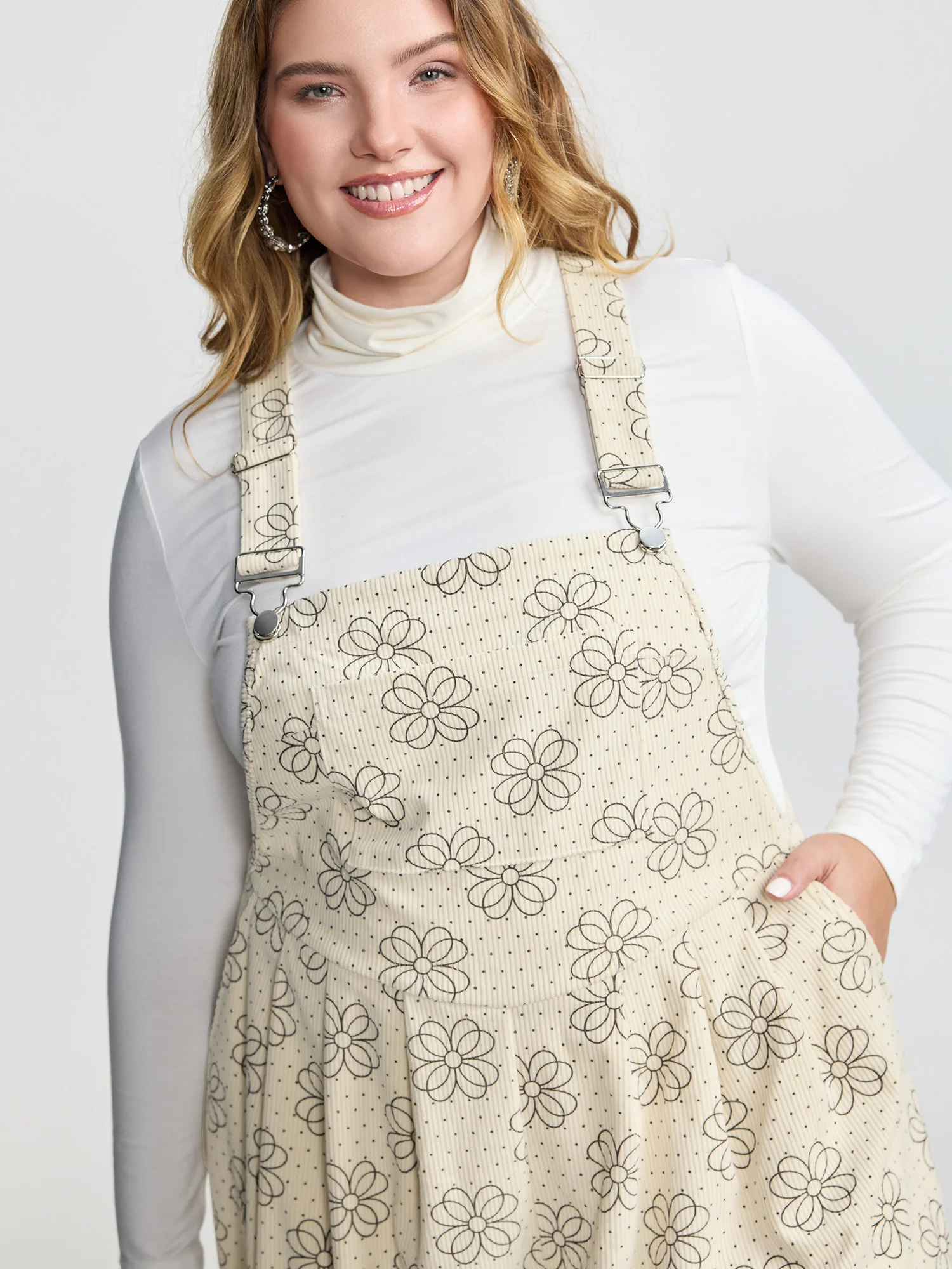 Floral Print Corduroy Pockets Jumpsuit - Image 2