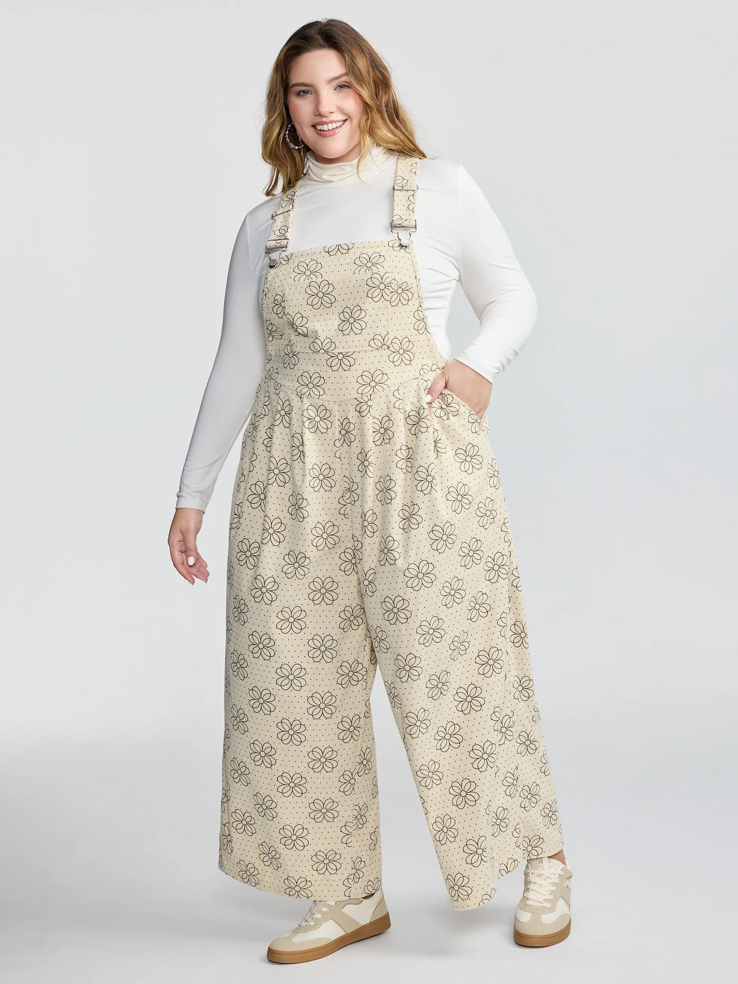 Floral Print Corduroy Pockets Jumpsuit - Image 3