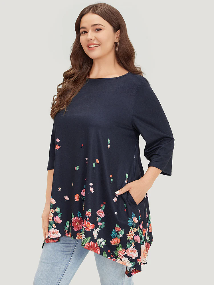 Floral Print Crew Neck Asymmetrical Hem T-shirt - Image 2