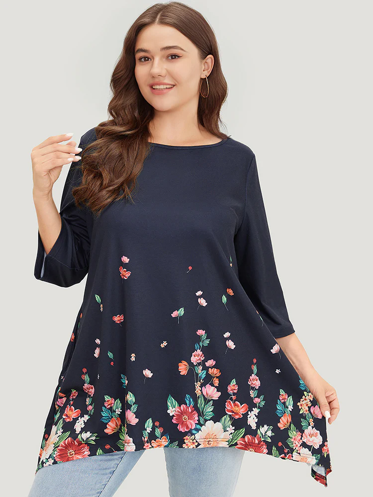 Floral Print Crew Neck Asymmetrical Hem T-shirt - Image 3
