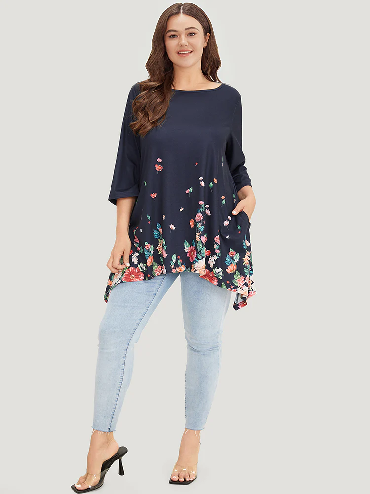 Floral Print Crew Neck Asymmetrical Hem T-shirt - Image 4