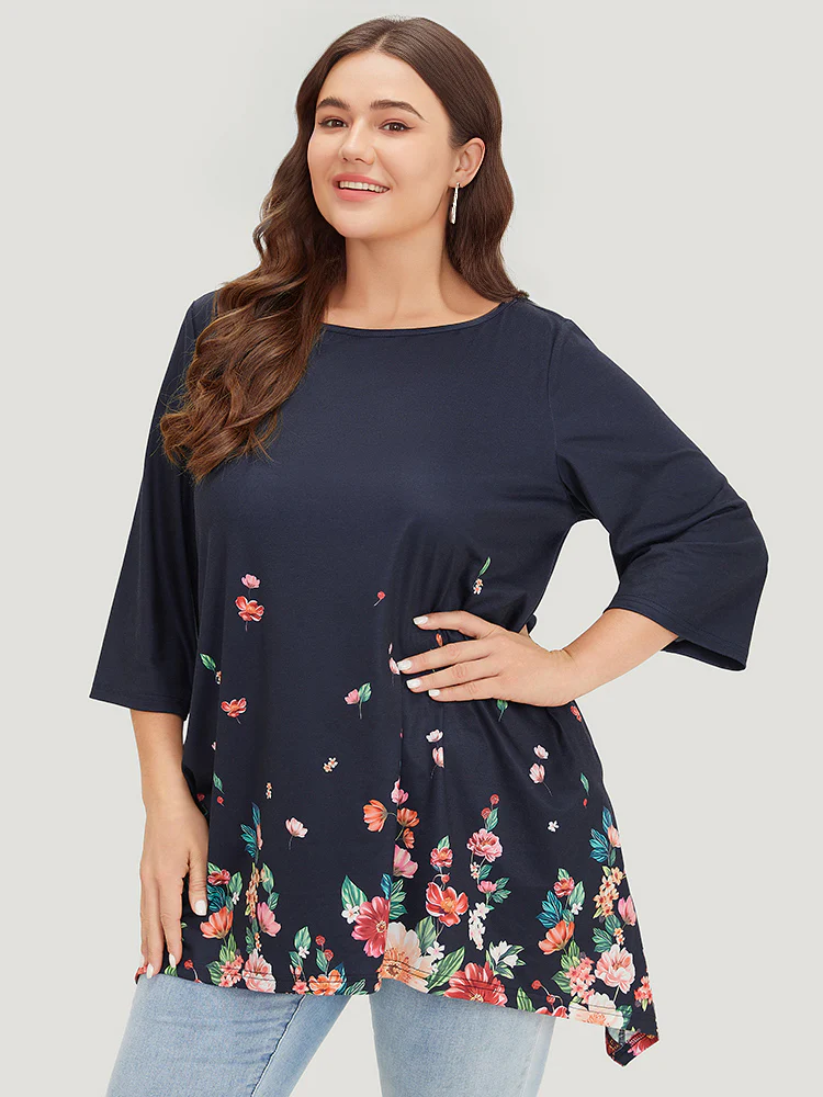Floral Print Crew Neck Asymmetrical Hem T-shirt - Image 5