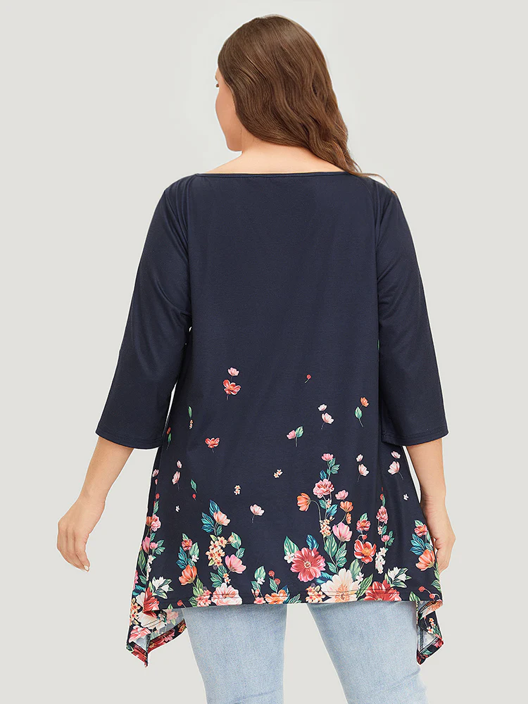 Floral Print Crew Neck Asymmetrical Hem T-shirt - Image 6