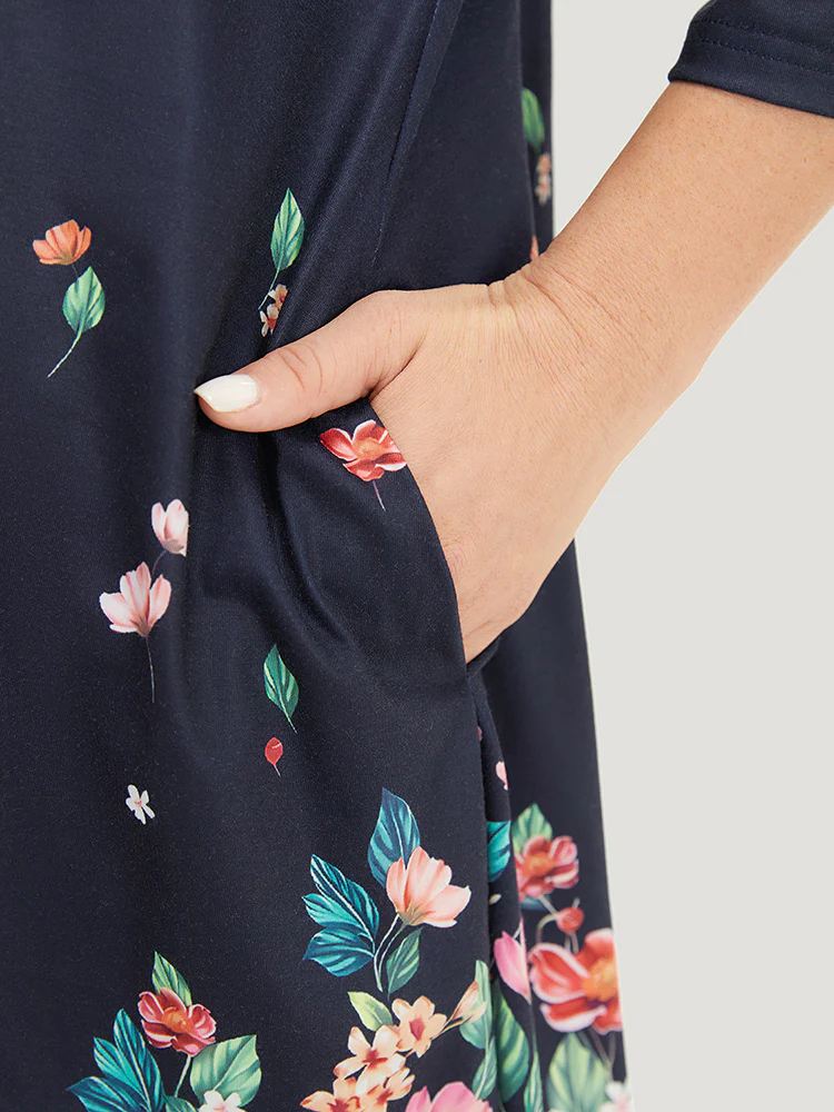 Floral Print Crew Neck Asymmetrical Hem T-shirt - Image 7