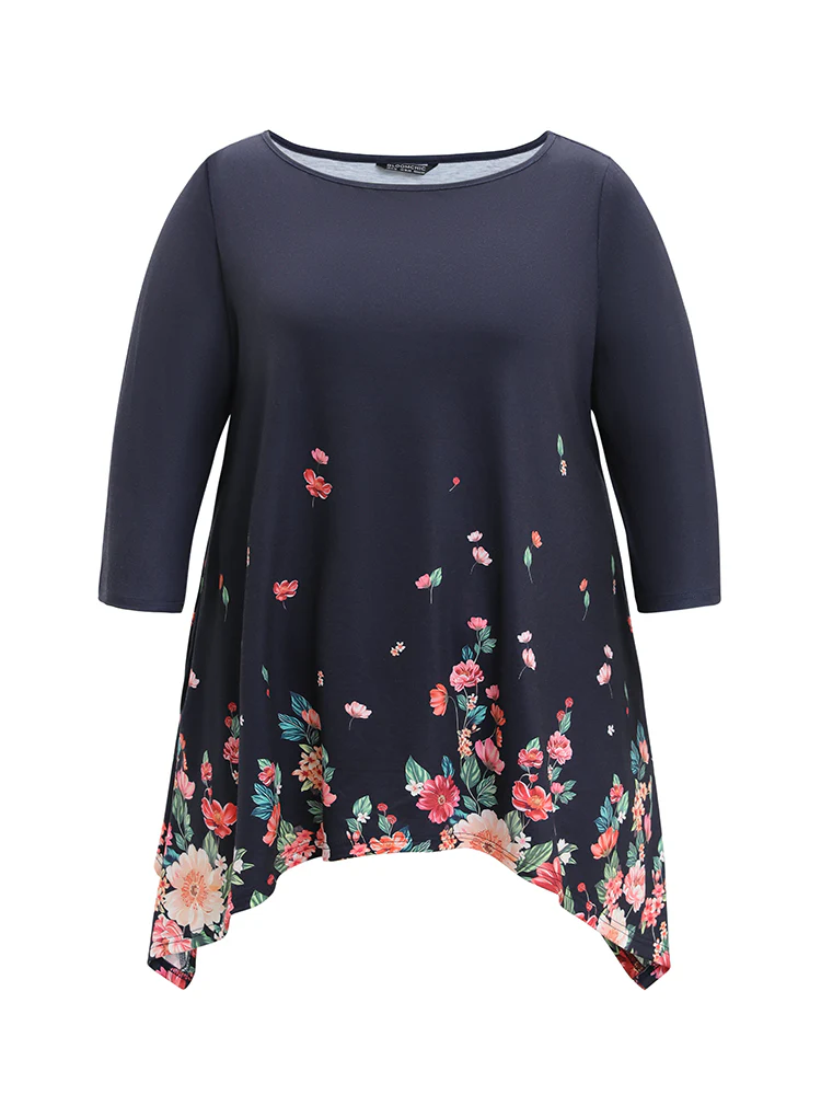 Floral Print Crew Neck Asymmetrical Hem T-shirt - Image 9