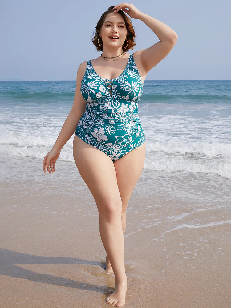 Floral Print Crisscross Sculpt Waist Ruched One Piece Swimsuit - Image 4