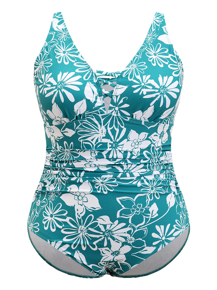 Floral Print Crisscross Sculpt Waist Ruched One Piece Swimsuit - Image 7
