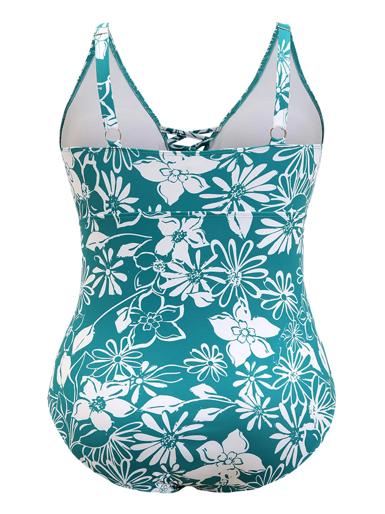 Floral Print Crisscross Sculpt Waist Ruched One Piece Swimsuit - Image 8