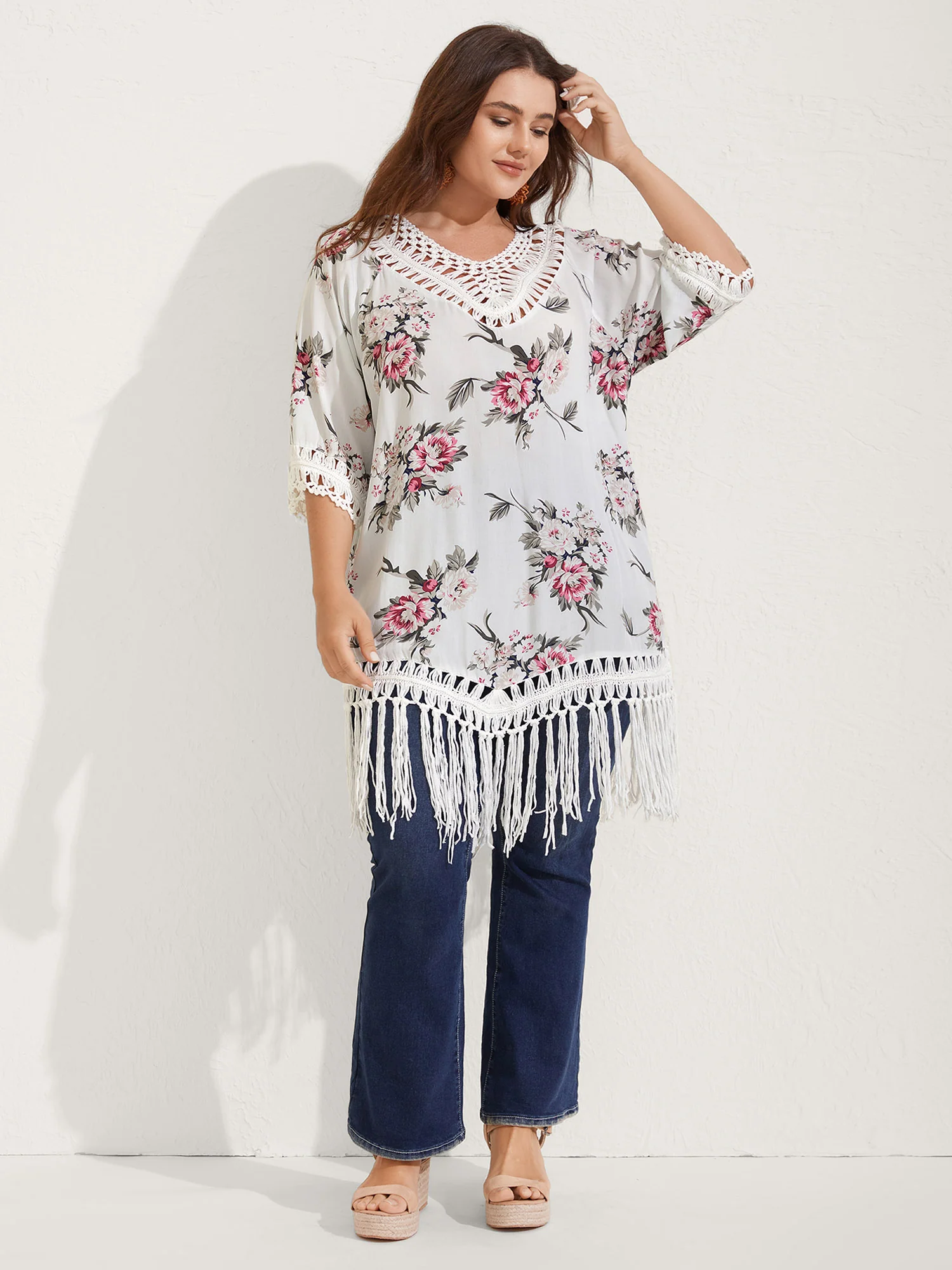 Floral Print Crochet Fringe Hem Swim Cover-Up - Image 3