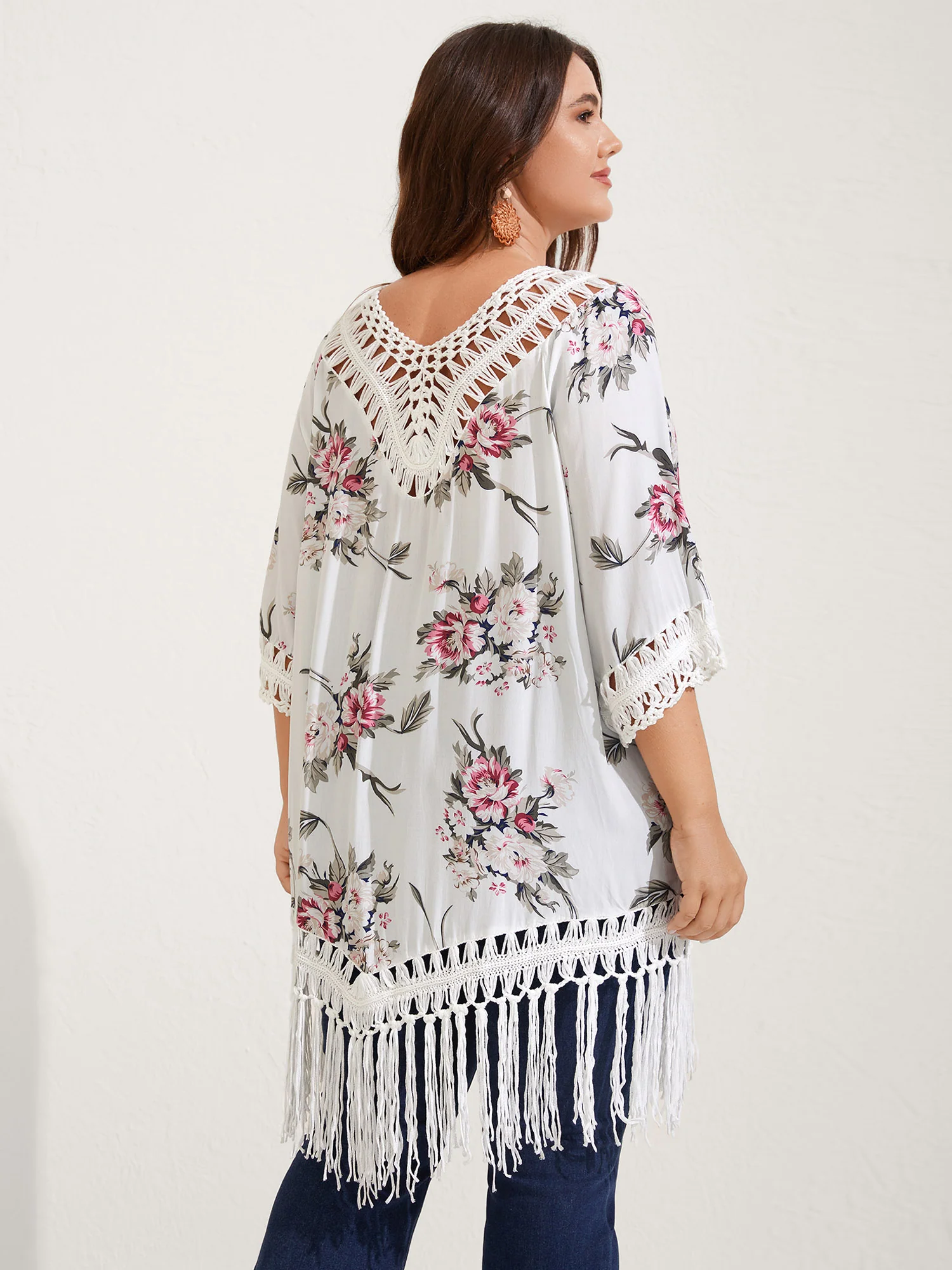 Floral Print Crochet Fringe Hem Swim Cover-Up - Image 4