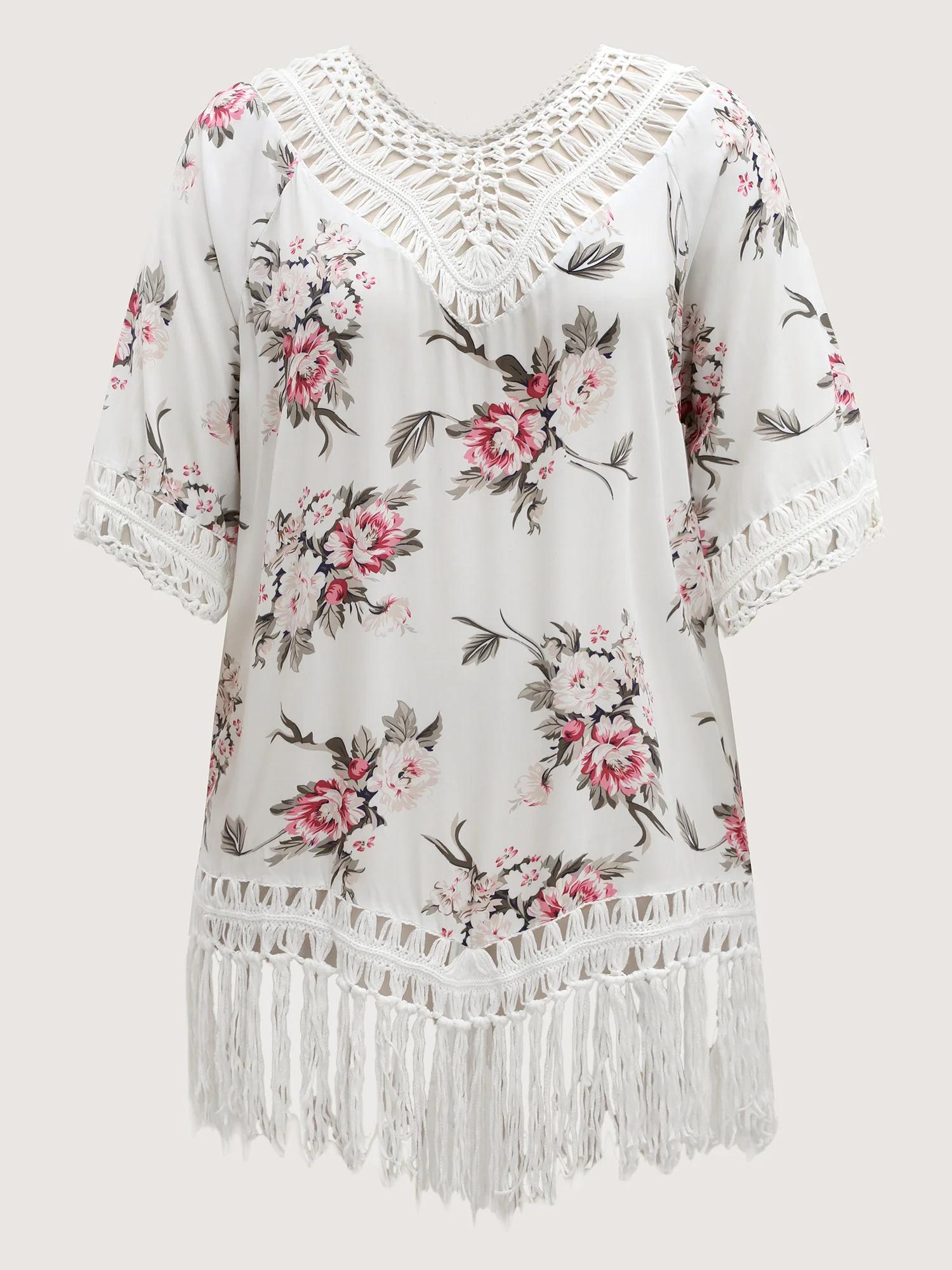 Floral Print Crochet Fringe Hem Swim Cover-Up - Image 7