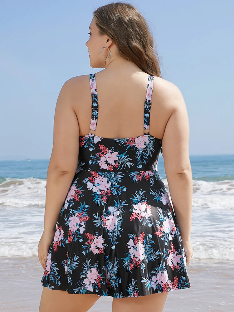 Floral Print Crossover A Line Ruffle Hem Swim Dress - Image 2