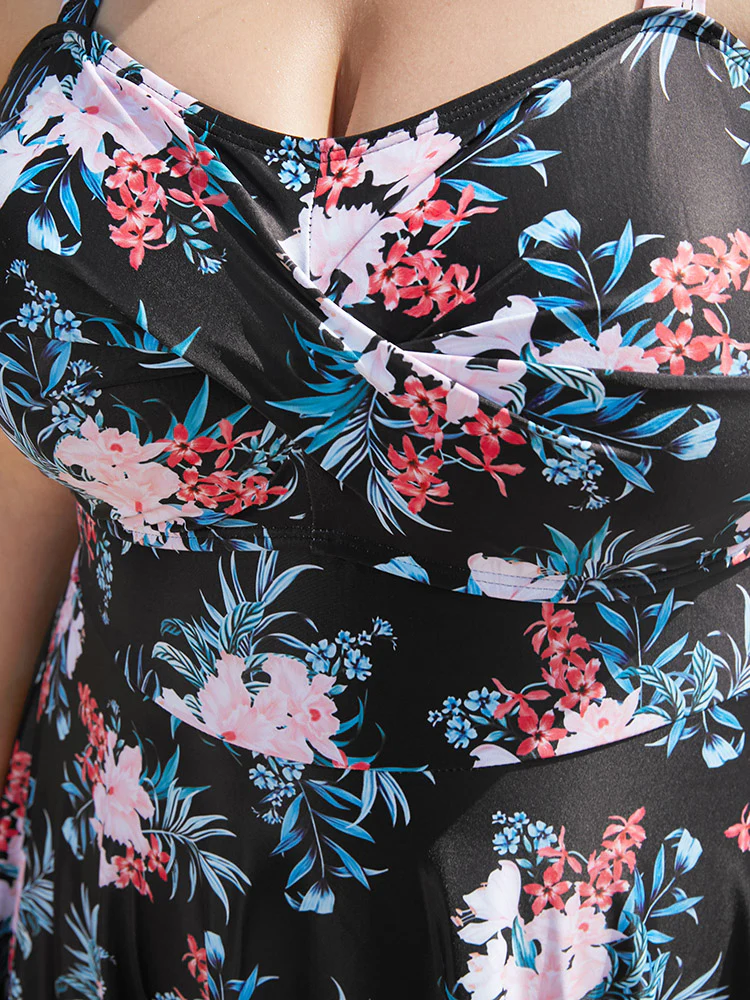 Floral Print Crossover A Line Ruffle Hem Swim Dress - Image 9